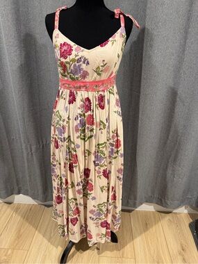 Patrons of Peace Cream Maxi Dress with Pink & Purple Floral -Size small